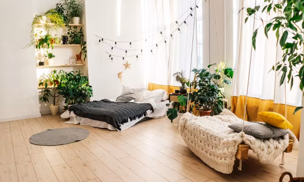 „Helles, gemütliches Zimmer mit vielen grünen Pflanzen, einem Bett auf dem Boden und einer Hängeliege mit gestrickter Decke. Lichterketten, natürliche Holzböden und sanfte Vorhänge schaffen eine warme, einladende Atmosphäre.“