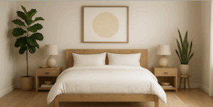 Ein harmonisch eingerichtetes Schlafzimmer nach Feng-Shui-Prinzipien mit einem zentral platzierten Bett, weichen Textilien und einer ruhigen Farbpalette. Dezente Beleuchtung und minimalistische Dekoration sorgen für eine entspannte und ausgeglichene Atmosphäre.