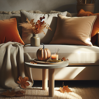 "Minimalistische Herbstdekoration mit einem Tischdisplay aus Kürbis, getrockneten Blättern und einer Kerze in einem gemütlichen Wohnzimmer. Warme Farben und weiche Beleuchtung schaffen eine einladende, elegante Atmosphäre."