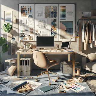 Moderner Arbeitsplatz eines Raumdesigners mit Schreibtisch, Blaupausen, Stoffmustern und Moodboard im Hintergrund. Dezente Dekoration und warmes Licht schaffen eine kreative Atmosphäre.