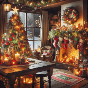 Ein festlich dekorierter Raum mit einem geschmückten Weihnachtsbaum, einem brennenden Kamin und Weihnachtsstrümpfen darüber. Ein rustikaler Tisch ist mit Kerzen und rot-grüner Dekoration geschmückt, während durch das Fenster eine verschneite Winterlandschaft zu sehen ist.